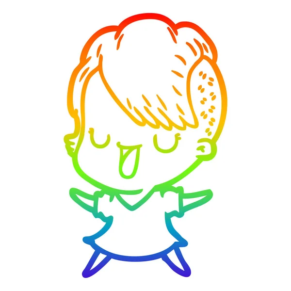 Arco iris gradiente línea dibujo lindo dibujos animados chica con hipster hai — Vector de stock