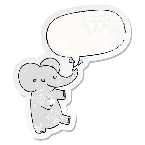 Cartoon dancing elephant and speech bubble distressed sticker — Stock Vector