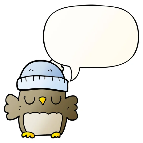 Düzgün degrade sty şapka ve konuşma balonu sevimli karikatür baykuş — Stok Vektör