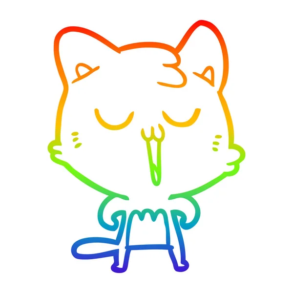 Rainbow gradient linje ritning tecknad katt sjunger — Stock vektor