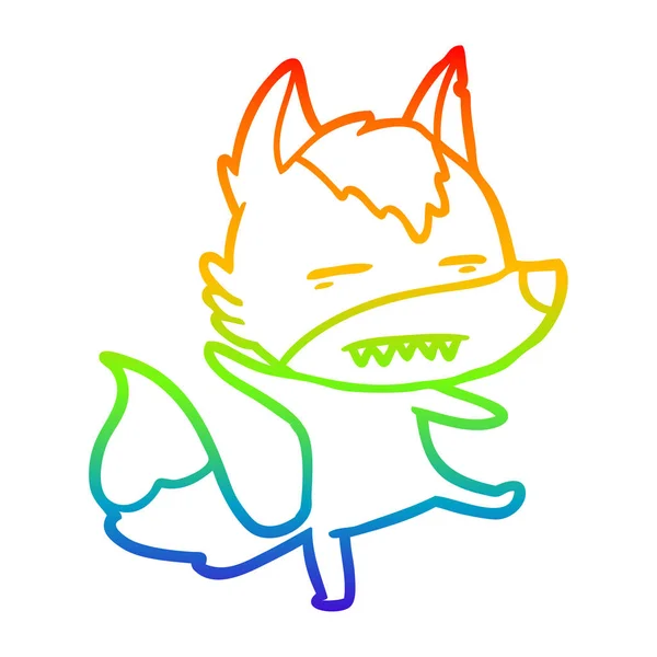 Rainbow Gradient Line Zeichnung Cartoon Wolf zeigt Zähne — Stockvektor