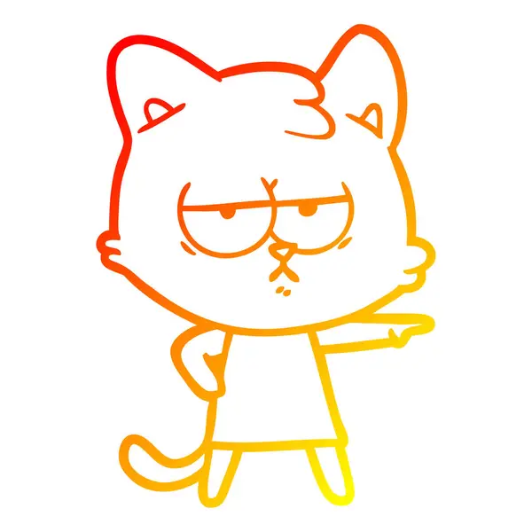 Línea de gradiente caliente dibujo aburrido gato de dibujos animados señalando — Vector de stock