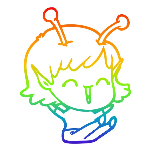 Rainbow gradient line drawing cartoon alien girl laughing — Stock Vector