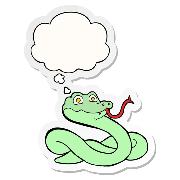 Serpent de dessin animé et bulle de pensée comme un autocollant imprimé — Image vectorielle