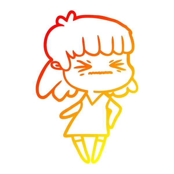 Warme Gradientenlinie Zeichnung Karikatur wütendes Mädchen — Stockvektor