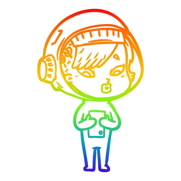 Regenboog gradiënt lijntekening cartoon astronaut vrouw — Stockvector