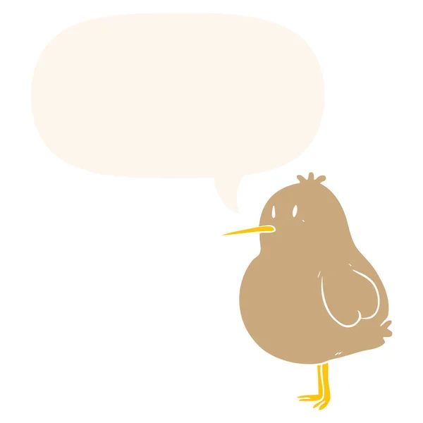 Niedlicher Cartoon-Kiwi-Vogel und Sprechblase im Retro-Stil — Stockvektor
