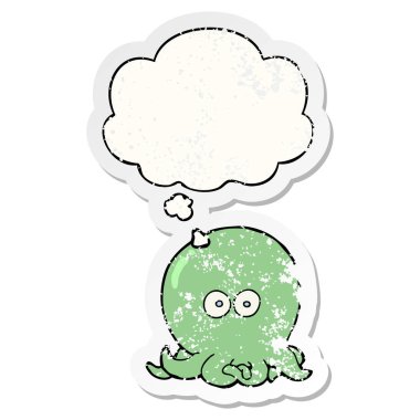 karikatür ahtapot ve sıkıntılı yıpranmış etiket olarak kabarcık düşünce