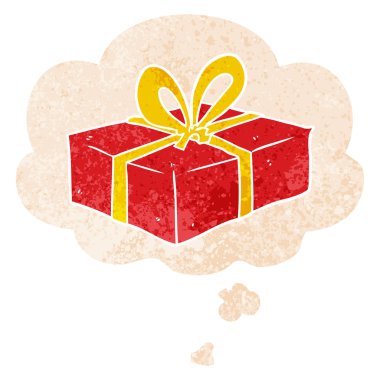 retro dokulu tarzda karikatür sarılmış hediye ve düşünce balonu