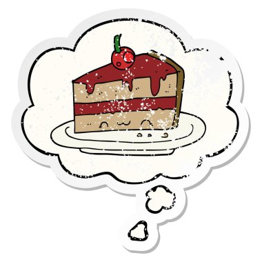 karikatür pasta ve sıkıntılı yıpranmış etiket olarak kabarcık düşünce