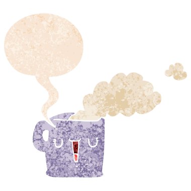 retro dokulu st kahve ve konuşma balonu karikatür sıcak fincan