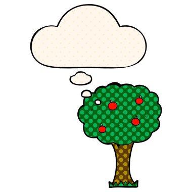 çizgi film elma ağacı ve çizgi roman tarzında düşünce balonu