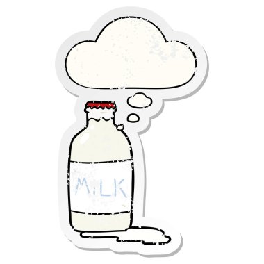 karikatür süt şişesi ve sıkıntılı yıpranmış stic olarak kabarcık düşünce