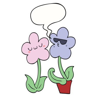 sevimli karikatür çiçek ve konuşma balonu