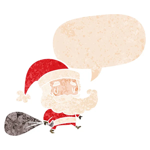 Desenho animado santa claus com saco e bolha de fala em textura retro — Vetor de Stock