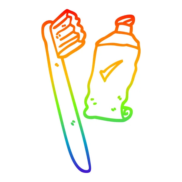 Línea de gradiente arco iris dibujo cepillo de dientes de dibujos animados y pasta — Vector de stock