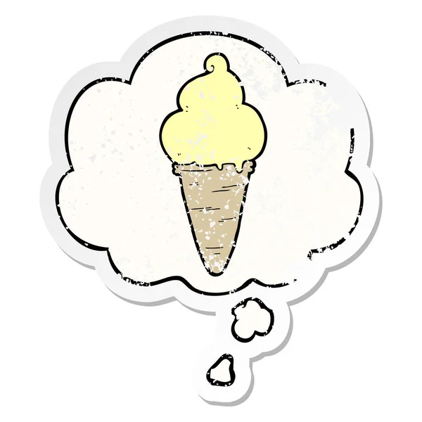Kreslená zmrzlina a myšlenková bublina jako otřesený, opotřebovaný — Stockový vektor