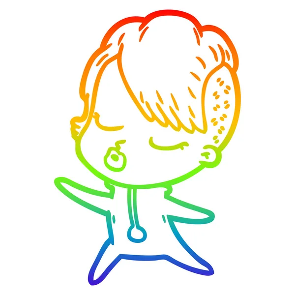 Arco iris gradiente línea dibujo dibujos animados chica bastante hipster — Vector de stock