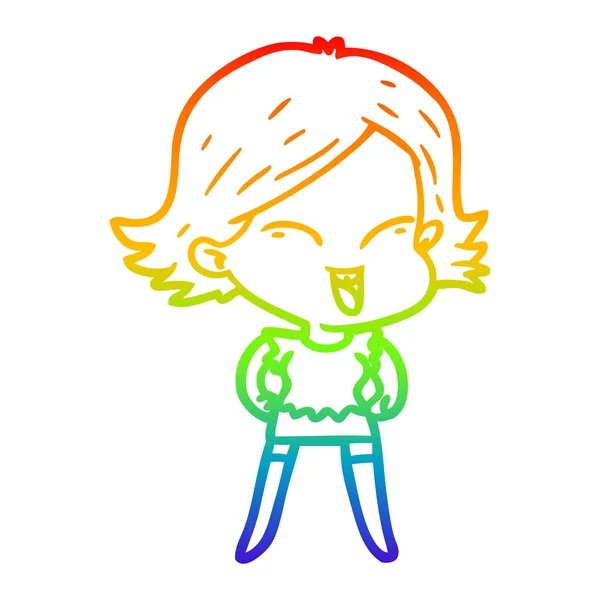 Rainbow gradient linje ritning lycklig tecknad tjej — Stock vektor