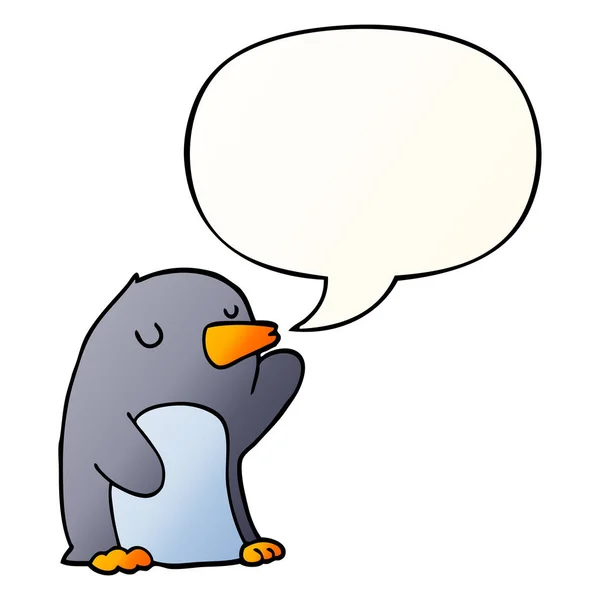 Pingüino de dibujos animados y burbuja del habla en estilo gradiente suave — Vector de stock
