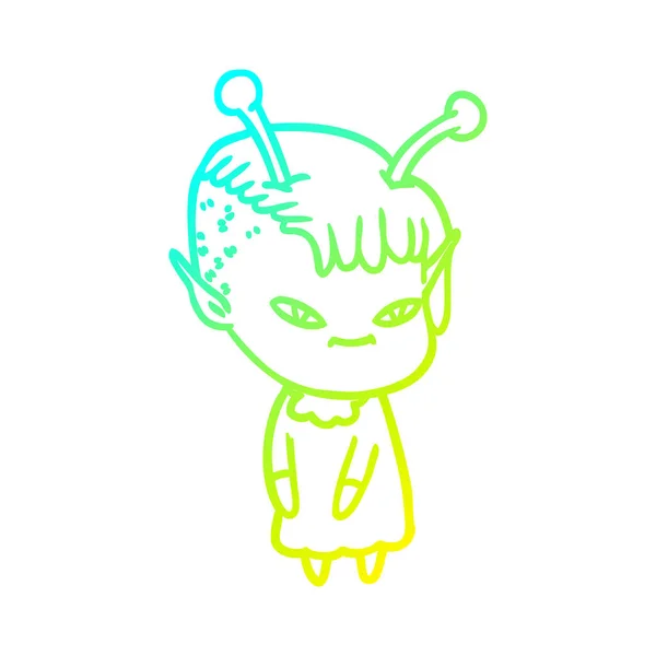 Kall gradient linje ritning söt tecknad Alien Girl — Stock vektor