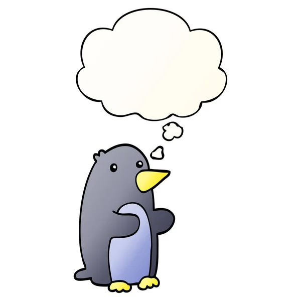 Pingüino de dibujos animados y burbuja de pensamiento en estilo gradiente suave — Vector de stock