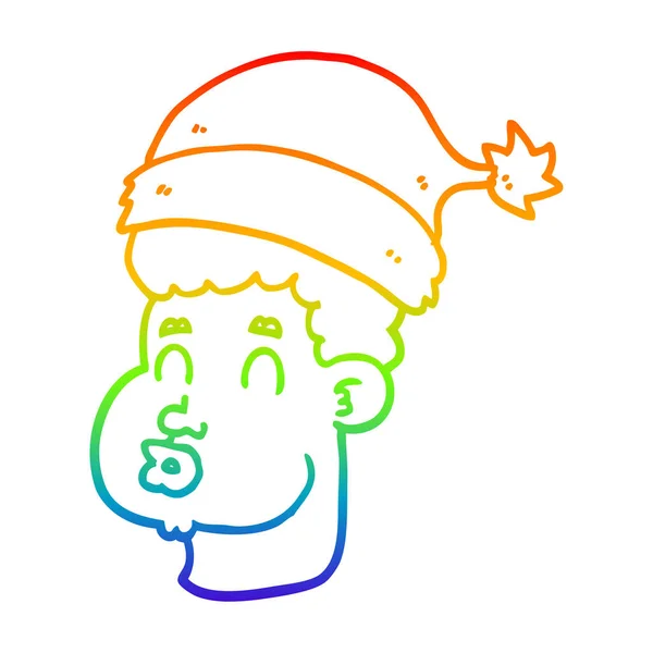 Rainbow gradient line drawing cartoon man wearing christmas hat — Stock Vector