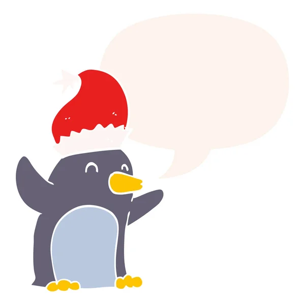 Lindo pingüino de Navidad de dibujos animados y burbuja de habla en estilo retro — Vector de stock