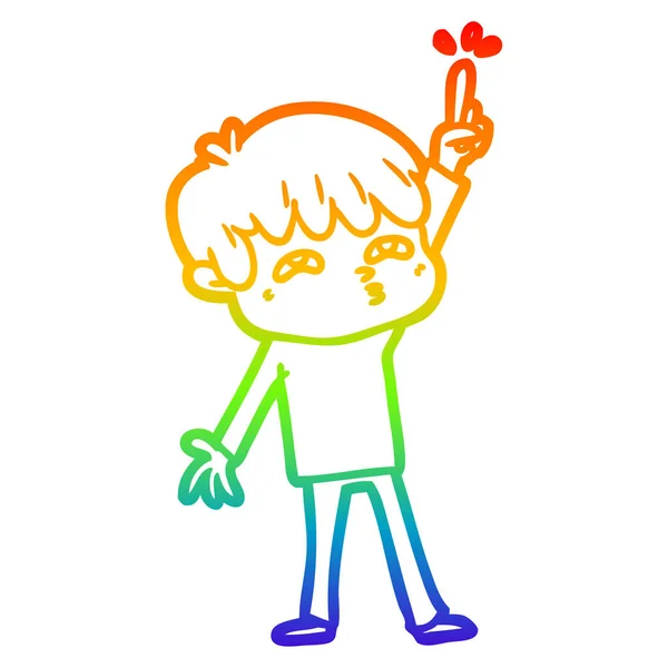 Rainbow gradient line drawing cartoon boy asking question — Stock Vector