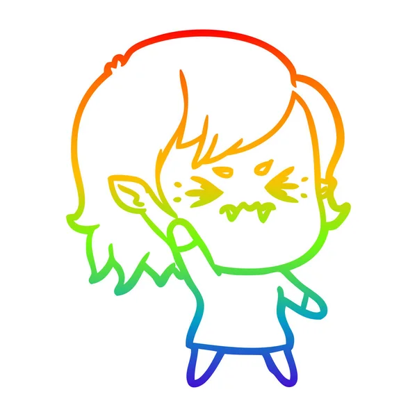 Rainbow gradient line drawing annoyed cartoon vampire girl — Stock Vector