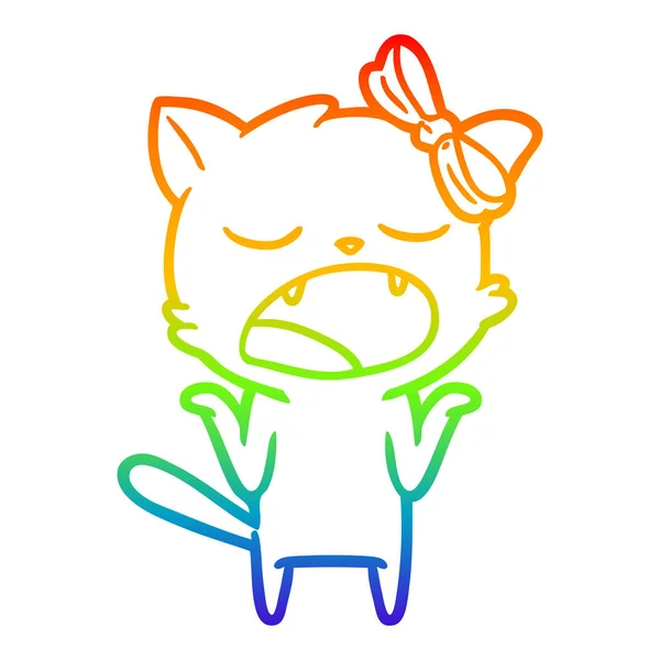 Arco-íris linha gradiente desenho desenho desenho animado bocejo gato encolhendo shou — Vetor de Stock