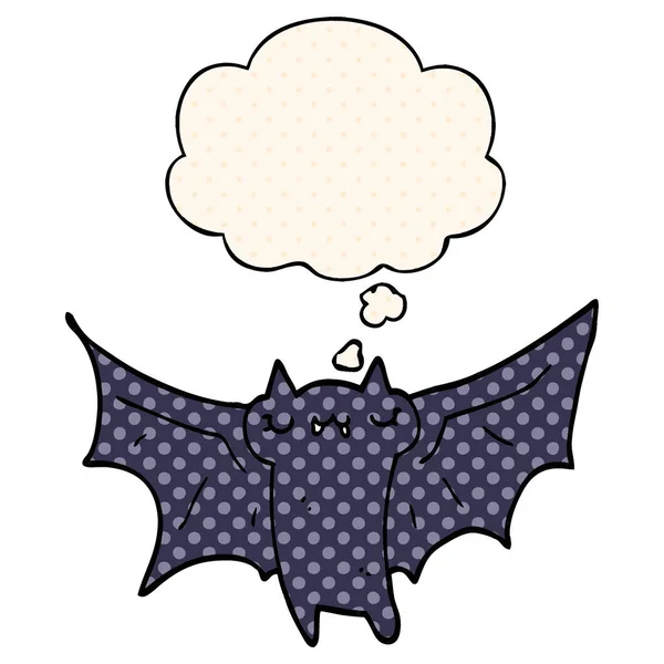 Lindo murciélago de Halloween de dibujos animados y burbuja de pensamiento en estilo de cómic — Vector de stock