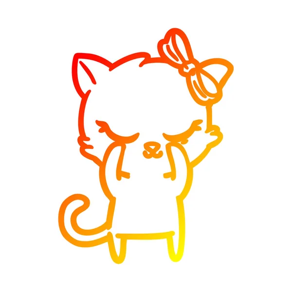 Línea de gradiente caliente dibujo lindo gato de dibujos animados con arco — Archivo Imágenes Vectoriales