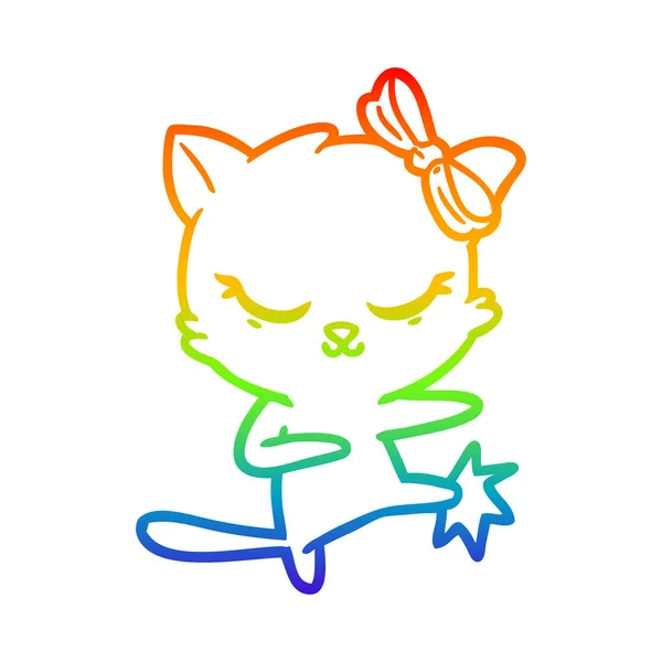 Rainbow gradient ligne dessin mignon chat dessin animé avec arc — Image vectorielle