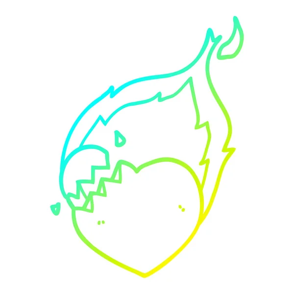 Línea de gradiente frío dibujo dibujos animados corazón llameante — Vector de stock