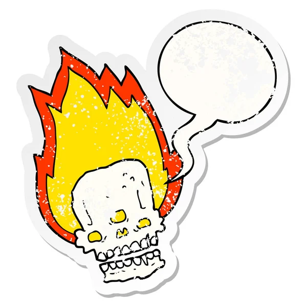Spöklik tecknad flammande skalle och pratbubbla nödställda sticke — Stock vektor
