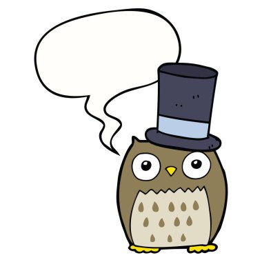 çizgi film baykuş üst şapka ve konuşma balonu giyiyor