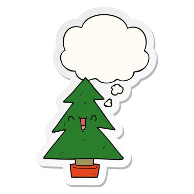 karikatür noel ağacı ve baskılı bir etiket olarak kabarcık düşünce