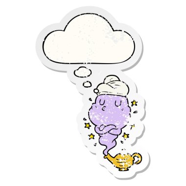 karikatür cin ve sıkıntılı yıpranmış etiket olarak kabarcık düşünce