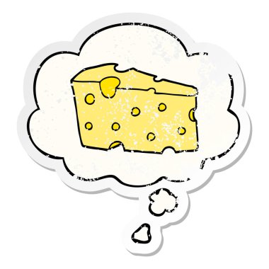 karikatür peynir ve sıkıntılı yıpranmış etiket olarak kabarcık düşünce