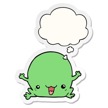 karikatür kurbağa ve baskılı bir etiket olarak kabarcık düşünce