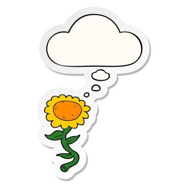 karikatür ayçiçeği ve baskılı bir etiket olarak kabarcık düşünce
