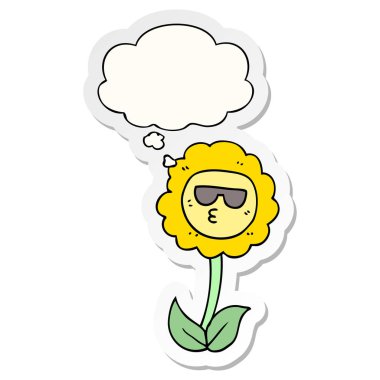 karikatür çiçek ve baskılı bir etiket olarak kabarcık düşünce