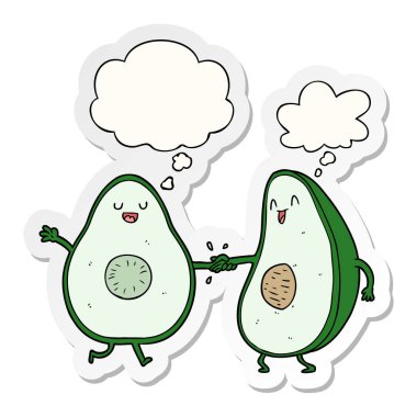 karikatür dans avokado ve baskılı bir etiket olarak kabarcık düşünce