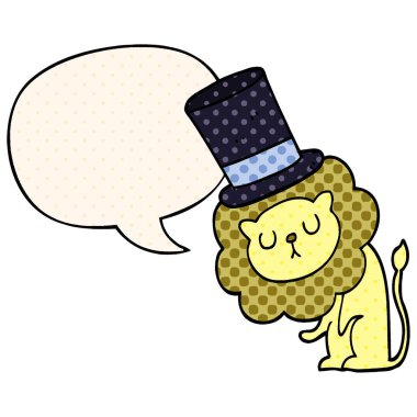 komik boo üst şapka ve konuşma balonu giyen sevimli karikatür aslan