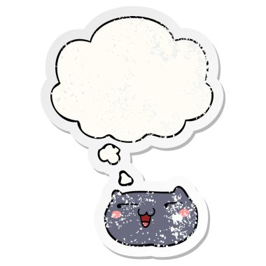 karikatür kedi yüz ve sıkıntılı yıpranmış etiket olarak kabarcık düşünce