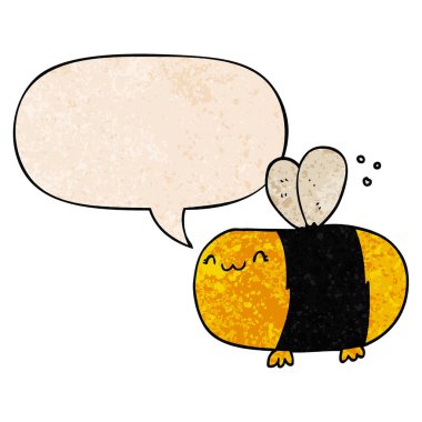 retro doku tarzında sevimli karikatür arı ve konuşma balonu