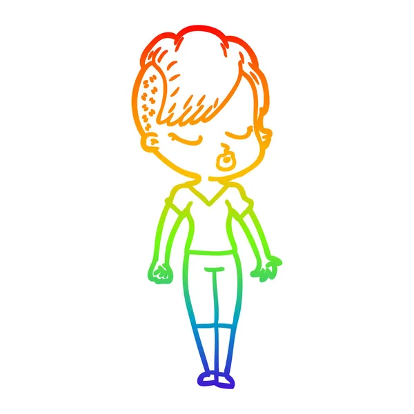 Linea gradiente arcobaleno disegno cartone animato bella ragazza hipster — Vettoriale Stock
