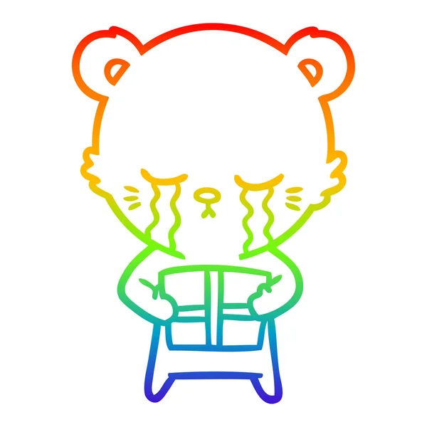 Regenbogen-Gradientenlinie zeichnet weinenden Cartoon-Bären mit Geschenk — Stockvektor