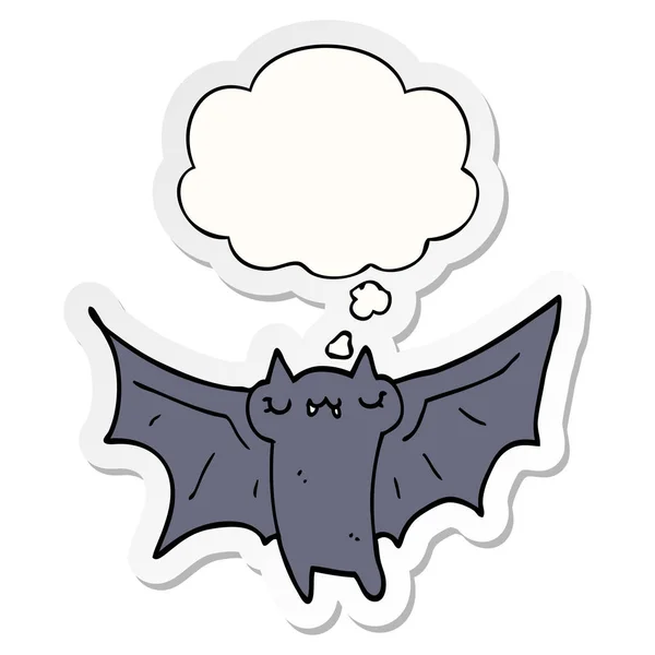Lindo murciélago de Halloween de dibujos animados y la burbuja de pensamiento como un palo impreso — Vector de stock